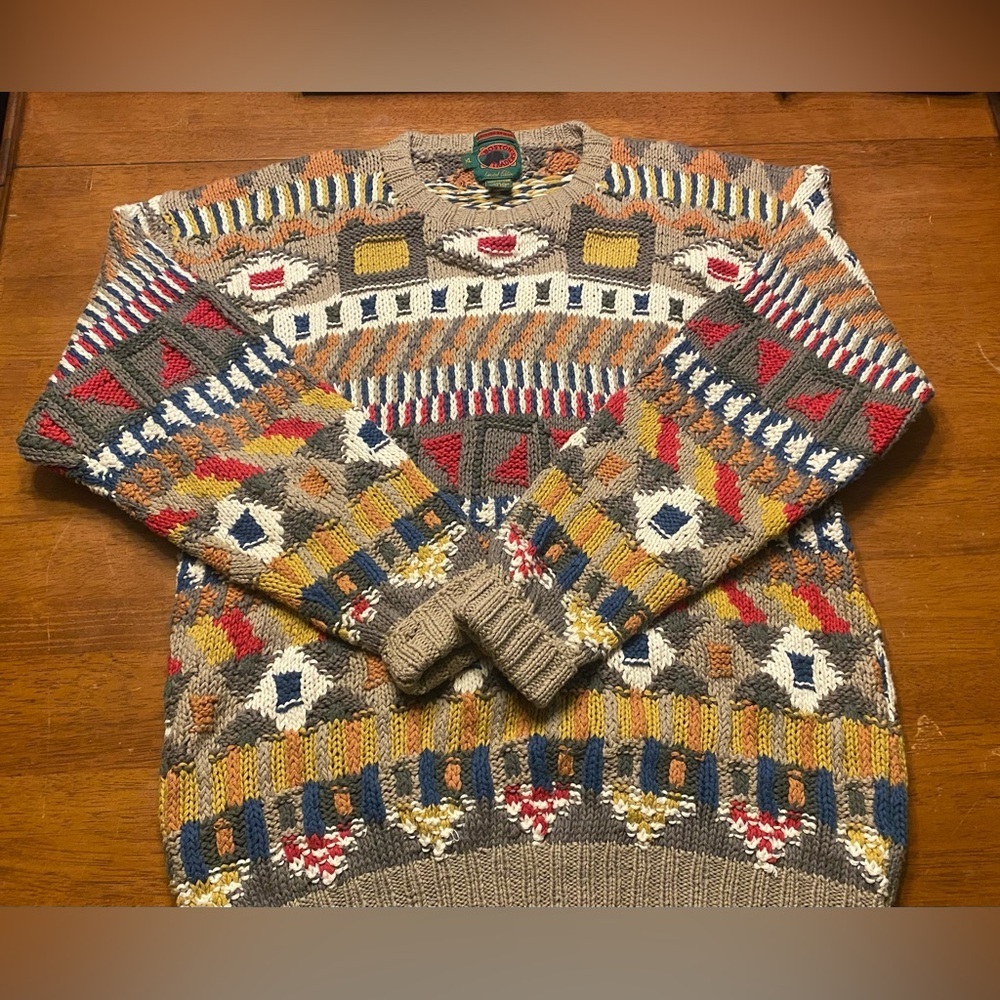 VTG Boston Traders Colorful Geometric Hand Knitted Sweater XL